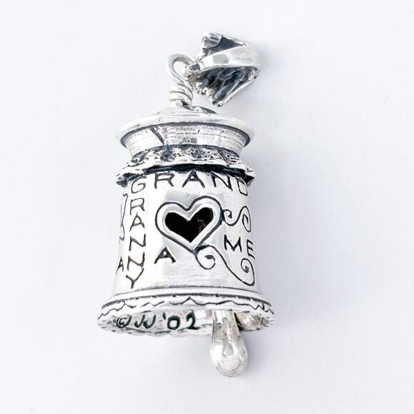 Vintage JJ Sterling Silver 925 Granny Nanny Mom Heart Bell Pendant - Picture 3 of 9
